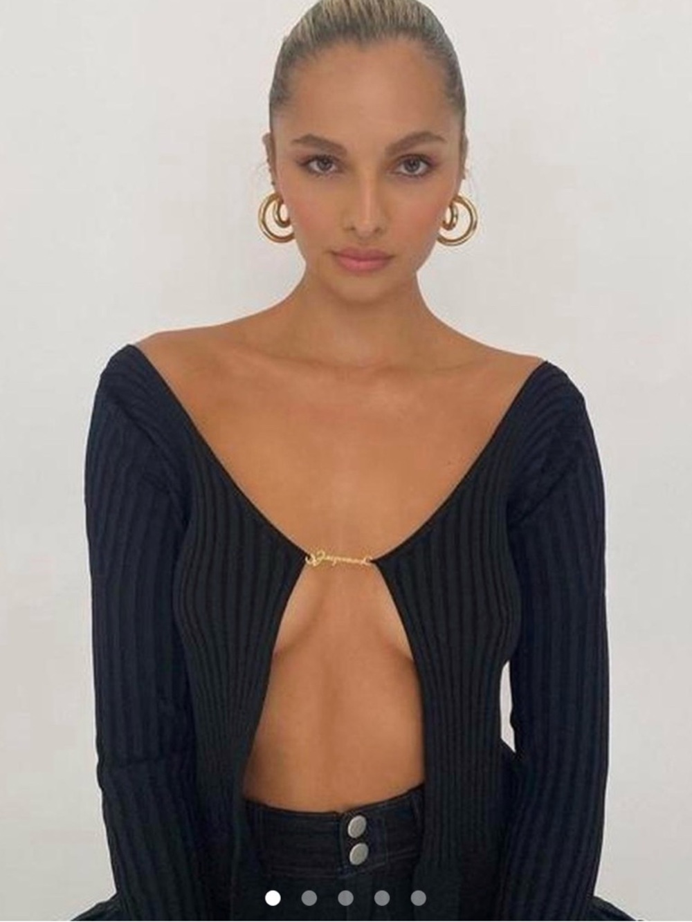 Jacquemus Black Ribbed Open-Front Knit Top with Gold Logo Hardware